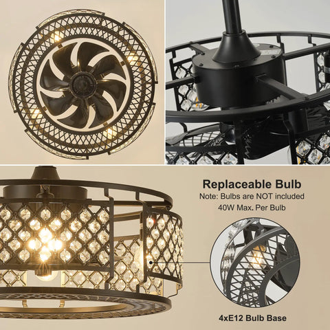 Farmhouse Crystal Cage Ceiling Fan With Remote Light 3 Speeds Cozy Vibe featuring crystal cage design and replaceable bulb option