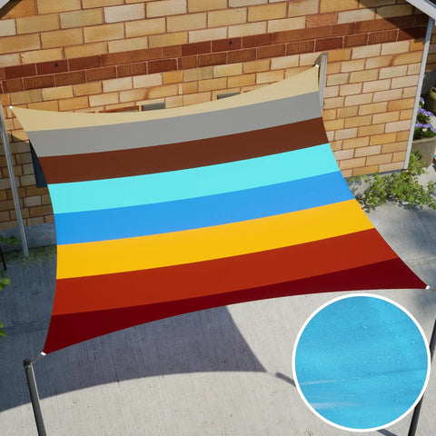 Colorful striped canopy over patio with close-up inset of blue waterproof material; Beige Triangle Sun Shade Sail Canopy Waterproof 16 By 16 By 16 Feet For Outdoor Patio Garden UPF 50 Plus UV Block 95 Percent Water Resistant With Quick Drain 20 Degree Tilt And Custom Size Available