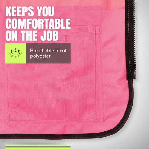 Close-up of Women's Hi-Vis Safety Vest With Pockets Pink Reflective Tape For Construction And Outdoor Work Lightweight Fit