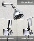 Shower head, handheld shower, and bidet sprayer with chrome finish, featuring different water flow options against a textured wall.