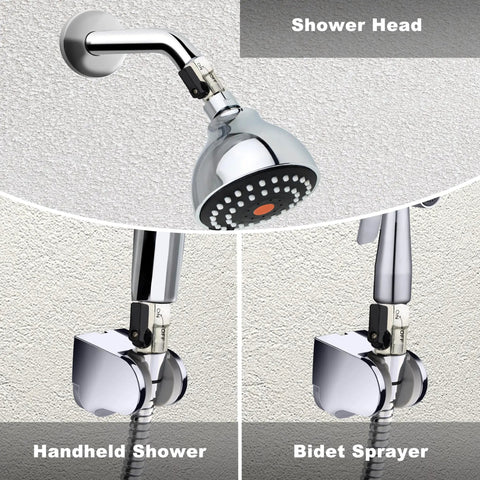 Shower head, handheld shower, and bidet sprayer with chrome finish, featuring different water flow options against a textured wall.