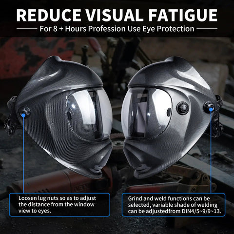 True Color Solar Powered Auto Darkening Welding Helmet With Large Viewing Window, 4 Arc Sensor, close-up on two helmets.