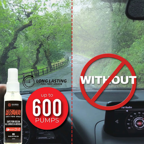 Fog Away Anti Fog Spray For Swim Goggles Glasses And Home Electronics Keeps Lenses Clear Instantly No Haze With Silicone Free Formula split view showing clear and fogged windshield outside a car.