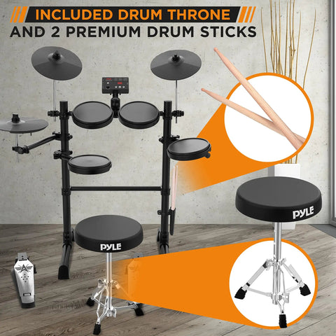 7 Piece Electric Drum Set With Mesh Snare And Tom Pads, 10 Inch Cymbals, USB MIDI Support, Preloaded Sounds, evoking professional setup including drum throne and sticks.