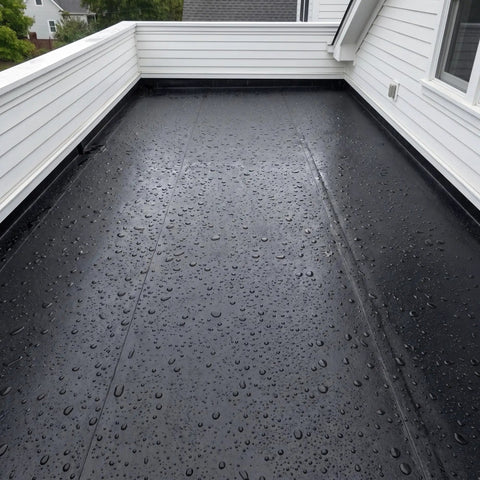 Top Shelf Epdm Rubber Roofing And Waterproofing Membrane Featuring 27.5 Mil Thickness For Badass Waterproof Protection On Flat Roofs Easy Zero Fuss Install With One Massive Sheet Measuring 15 Feet By 20 Inches Rock Solid Leak Proof Seal Every Time on a flat roof covered in water droplets.