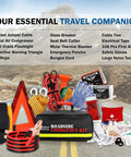 Front view of Everlit survival car emergency kit with black bag and assorted roadside tools.