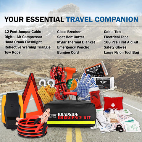 Front view of Everlit survival car emergency kit with black bag and assorted roadside tools.