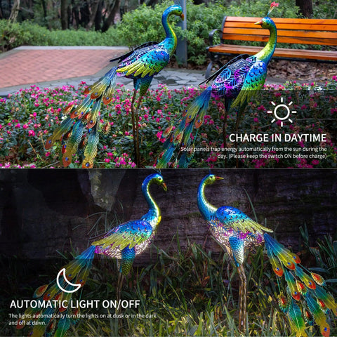 Two Pack Solar Peacock Garden Decor Lights Metal Peacocks Statue With LED Lighting Waterproof Outdoor Yard Art For Landscape