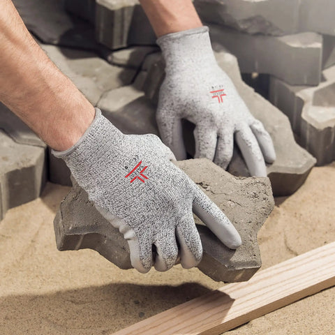 Durable Work Gloves With PU Coated Palm For Men And Women, Cut Resistant EN 388 Level 5 HPPE Liner handling concrete slab
