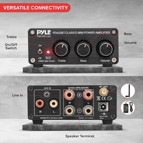 Front view of 240W Mini Bluetooth Home Stereo Amplifier with 2 channel output, showing bass, treble, and volume controls