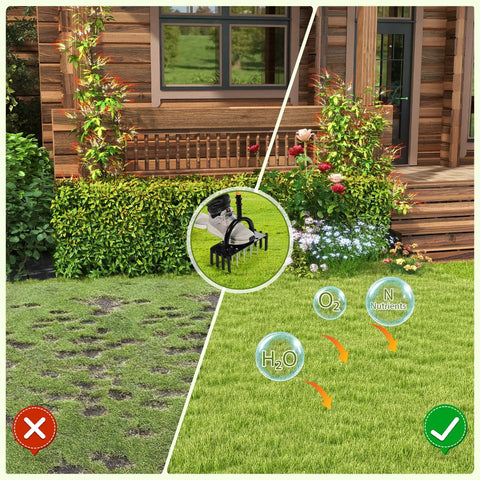 Comparison of lawn before and after using 2 In 1 Lawn Aerator Manual Core Aerator With 24 Spikes For Lawn Ventilation And Soil Loosening