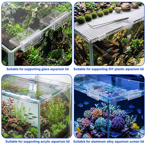 Slick Clear Aquarium Lid Clips 16 Piece Set For Rimless Fish Tank Glass Covers And Acrylic Hoods holding aquarium lids securely in place.