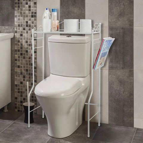 Over The Toilet Storage Shelf With Magazine Basket Freestanding Bathroom Organizer Rack Black Metal Space Saving Shelf For Small Bathrooms With Vintage Scrollwork And No Fuss Assembly over a toilet with toiletries and magazines
