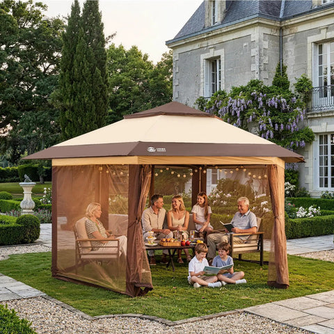 13 By 13 Pop Up Gazebo With Mosquito Netting Centerlok Six Sided Portable Canopy Easy Setup In Seconds No Tools Needed 300D Silver Coated UV Resistant Fabric For Backyard Party Ready Beige Coffee installed in a garden with people inside enjoying a gathering.