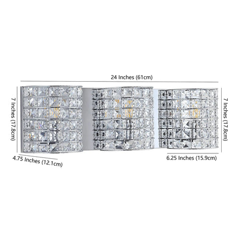 Chrome Modern LED Vanity Light Sconce, 3-Light Glass Crystal Shade, dimensions labeled for bathroom wall lighting.