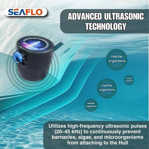 Ultrasonic Hull Defense System With 200 Sq Ft Coverage Per Transducer Prevents Barnacles And Algae Growth Fully Automated All Day Protection Submersible IP68 Boat Hull Shield Includes Transducer And Control Unit 4 Year Warranty black transducer on hull