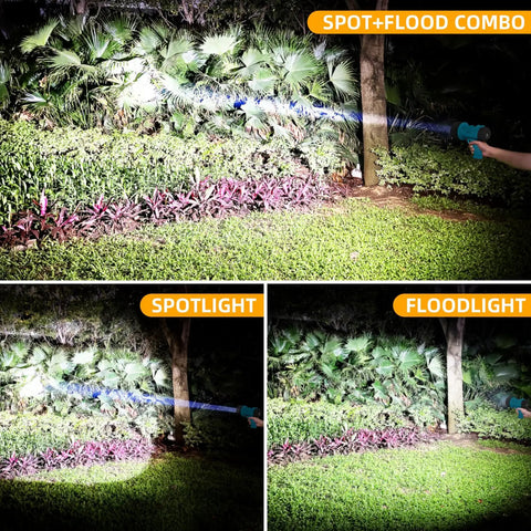 Hella Bright Rechargeable LED Spotlight and COB Floodlight Combo Delivering Massive Lumens and Extended Range for Camping Hauling or Quick Outdoor Repairs Without Breaking a Sweat