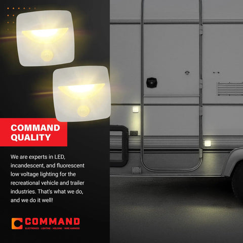 12V LED Motion Activated Step Light For RVs Campers And Trailers Surface Mount With Clear Lens White Frame 2 Pack 2.5 By 2.5 Inch Includes Hardware And Connectors Durable Lighting For Boats installed on RV sidewall