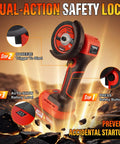 Power Through Demanding Jobs With This Heavy Duty 3 Inch Cordless Angle Grinder Featuring A Badass 21V Battery Setup And Slick Lcd Display For Hassle Free Cutting, showing dual-action safety lock and trigger.