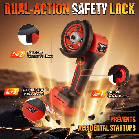 Power Through Demanding Jobs With This Heavy Duty 3 Inch Cordless Angle Grinder Featuring A Badass 21V Battery Setup And Slick Lcd Display For Hassle Free Cutting, showing dual-action safety lock and trigger.