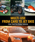 EWK 6.5L pneumatic/manual oil extractor pump for automotive fluids; shows lawn mower, motorcycle, jet ski, car.
