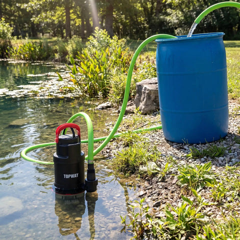 Heavy Duty Submersible Water Pump With 4600 GPH Flow Rate And Built In Filter Base for pond draining, black pump in water