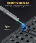Magnetizing slot for 42 In 1 Magnetic Screwdriver Set With Ratcheting Handle And 40 Plus Bits In A Portable Storage Case.