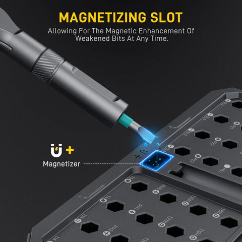 Magnetizing slot for 42 In 1 Magnetic Screwdriver Set With Ratcheting Handle And 40 Plus Bits In A Portable Storage Case.