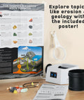 Kids Rock Tumbler Kit With Built In Timer, Leak Proof Noise Reducing Barrel with educational poster and magnifying glass