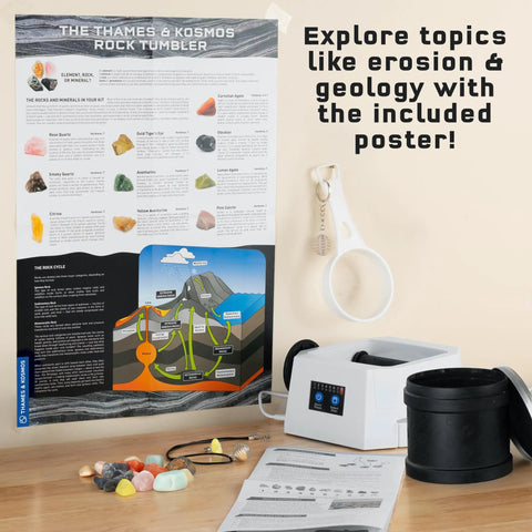 Kids Rock Tumbler Kit With Built In Timer, Leak Proof Noise Reducing Barrel with educational poster and magnifying glass