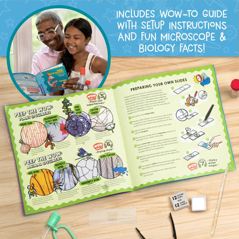 Young Scientist Microscope Kit With 720X Magnification, LED Light, Prepared And Blank Slides, Audio Learning Content, Beginner Biology Gift For Kids Aged 6 Plus, guide open