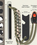 Survival Fire Starter Kit With 4 Inch Ferro Rod For Hiking And Camping shown with magnesium rod, scraper, and whistle.