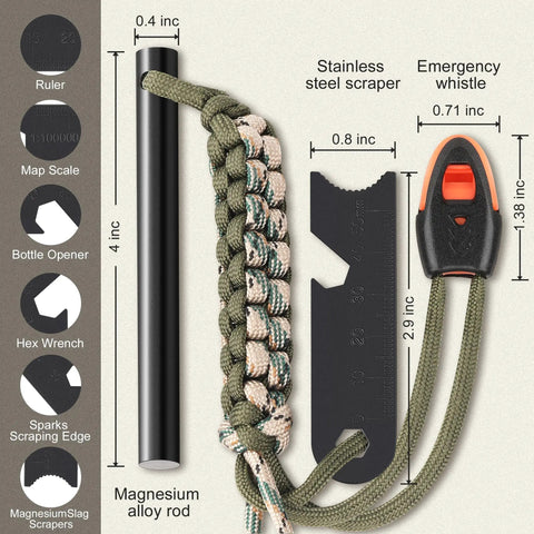 Survival Fire Starter Kit With 4 Inch Ferro Rod For Hiking And Camping shown with magnesium rod, scraper, and whistle.