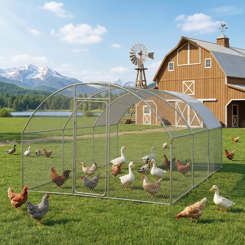 20Ft Large Walk In Metal Chicken Coop With Waterproof UV Cover Anti Predator Security Dome Roof Heavy Duty Rust Resistant Steel Frame Outdoor Poultry Cage Hen House For Yard Farm Backyard in green field