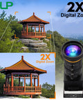 Legit Crisp 4K USB Camera Rock Solid Sixty Frames Output Wicked Sharp Five To Fifty Millimeter Optical Zoom Adjustable Iris Control Smooth Broadcast Ready Performance Dope Quality For Streamers And Presenters showing digital zoom feature with a scenic gazebo.