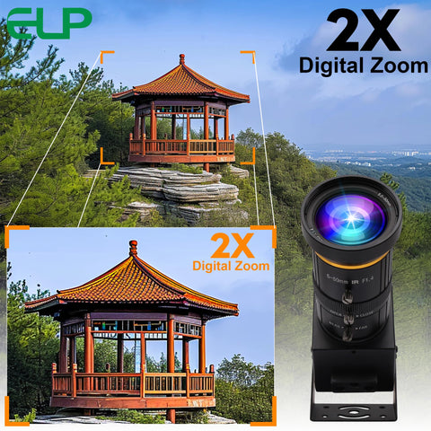 Legit Crisp 4K USB Camera Rock Solid Sixty Frames Output Wicked Sharp Five To Fifty Millimeter Optical Zoom Adjustable Iris Control Smooth Broadcast Ready Performance Dope Quality For Streamers And Presenters showing digital zoom feature with a scenic gazebo.