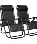 Zero Gravity Outdoor Recliners Set Of 2, Adjustable Folding Lounge Chairs with pillows, cup holder trays and carry straps, black fabric