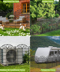 No-Dig 10-Panel Tall Garden Fence, 34 Inch High By 22 Foot Long Rustproof Metal Dog Fence For Yard And Flower Beds shown in various setups