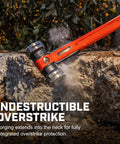Beast Mode 8 Lb Fiberglass Sledgehammer with Headlock System striking rock, showcasing indestructible overstrike shield.