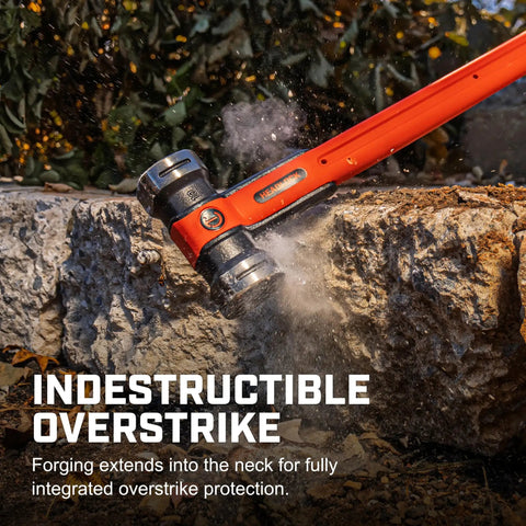 Beast Mode 8 Lb Fiberglass Sledgehammer with Headlock System striking rock, showcasing indestructible overstrike shield.