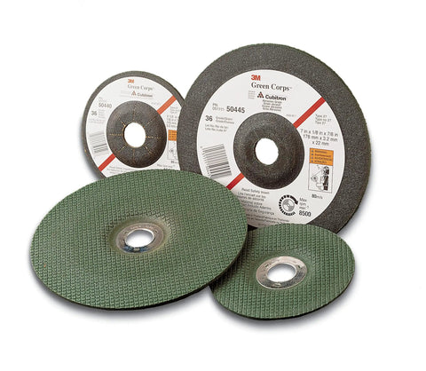 Green Corps Depressed Center Grinding Wheel Four And A Half Inch Diameter, 24 Grit, One Quarter Inch Thick, seven eighths inch arbor