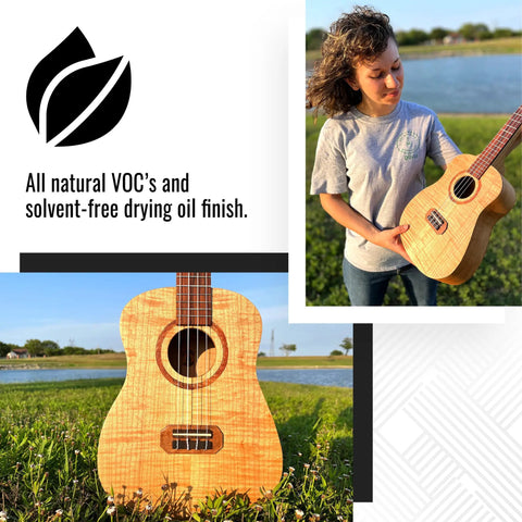 Woman holding guitar in field, showcasing all-natural VOC and solvent-free drying oil finish for wooden instruments.