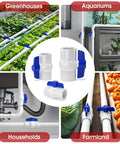 Collage featuring Three Quarter Inch PVC Ball Valve with Slip Connection SCH40 Easy Turn Blue T Handle in various settings