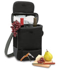 Ultimate Date Night Duo Grab And Go Wine Tote With Cheese Board Two Bottle Insulated Cooler Bag Set In Black with wine bottles and cheese.