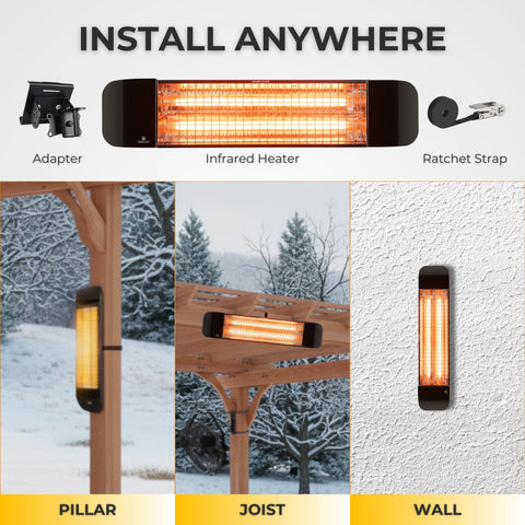 Infrared 1500W Outdoor Patio Heater for gazebos, pergolas, decks, garages, mounted on pillar, joist, or wall setup.
