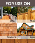 Exterior Wood Stain And Sealer In One For Decks Fences Pergolas And Wood Siding Semi Transparent Oil Based Formula Pro Grade No Laps Runs Or Streaks Durable UV Protection Burnt Hickory 5 Gallon uses shown on decks, fences, shingles, cabins.