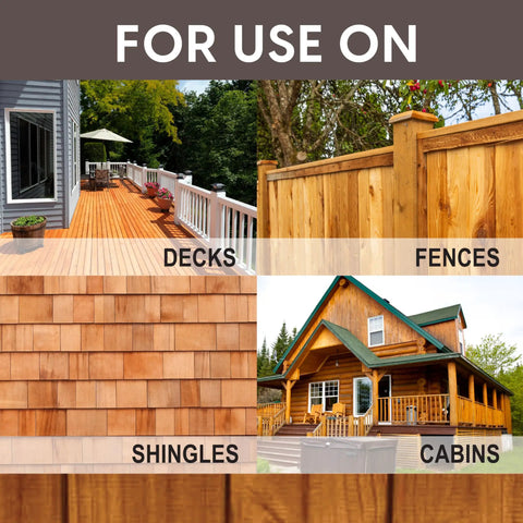 Exterior Wood Stain And Sealer In One For Decks Fences Pergolas And Wood Siding Semi Transparent Oil Based Formula Pro Grade No Laps Runs Or Streaks Durable UV Protection Burnt Hickory 5 Gallon uses shown on decks, fences, shingles, cabins.