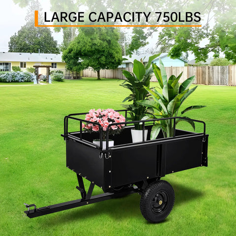 Heavy Duty ATV UTV Dump Trailer Built Tough With 750 Pound Capacity Steel Utility Cart Manual And Foot Pedal Dumping Multi Purpose Yard Hauler For Lawn Tractors Garden Waste Firewood Farm Use showing large capacity holding plants
