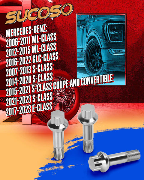 High Grade 14X1.5 Thread Wheel Lug Bolts For Mercedes Benz, steel construction, M14x1.5, set of 3 displayed against colorful background.