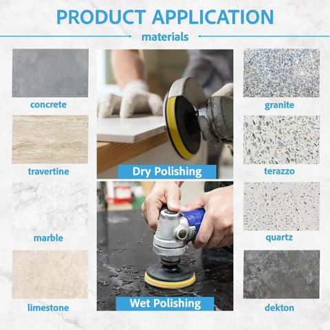 Pro Grade 4 Inch Diamond Polishing Pads Set For Wet Or Dry Use 7 Piece Kit shown on stone surfaces like granite and marble
